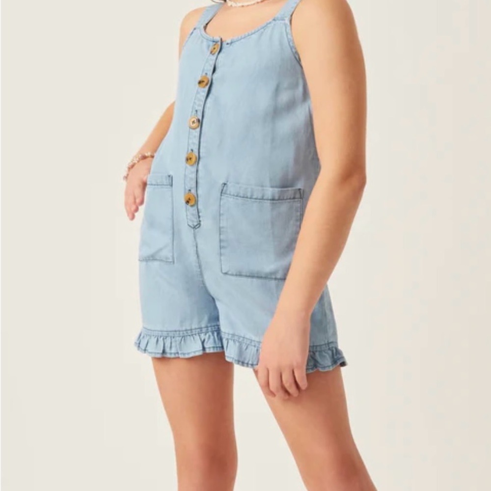 NWT XL Hayden Girls Ruffle Hem Denim Romper with Button Details
